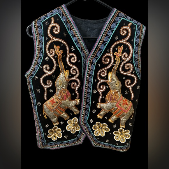 VTG Opulent Beaded Embroidered Indian Vest 3-D Elephants S/M - Picture 2 of 7